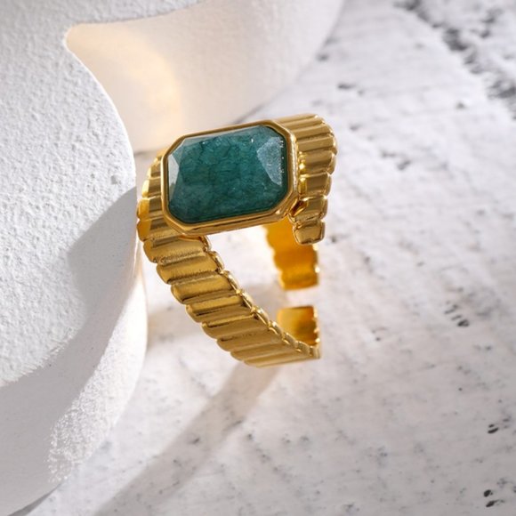 Stainless Steel Blue Apatite Ring Statement Metal Gold Opening Ring - Picture 2 of 11